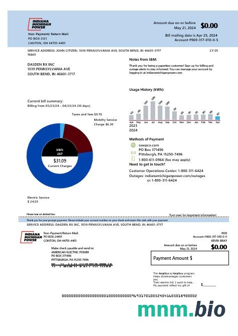 Szablon rachunku za energię elektryczną w USA Indiana w formatach Word i PDF